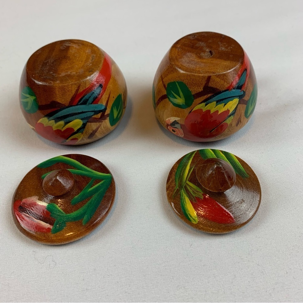 (2) Decorative Hand-Carved/Painted Turned Wood Bowls w/ Finial Knob Lids - Picture 3 of 10